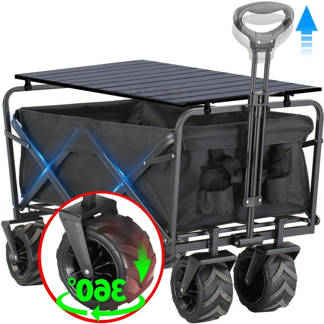 Heavy Duty Folding Wagon Garden Cart with Aluminum Table Plate, Outdoor Camping Wagons, Grocery Portable Utility Cart, Adjustable Rolling Carts, All Terrain Sports Wagon with Big Wheels