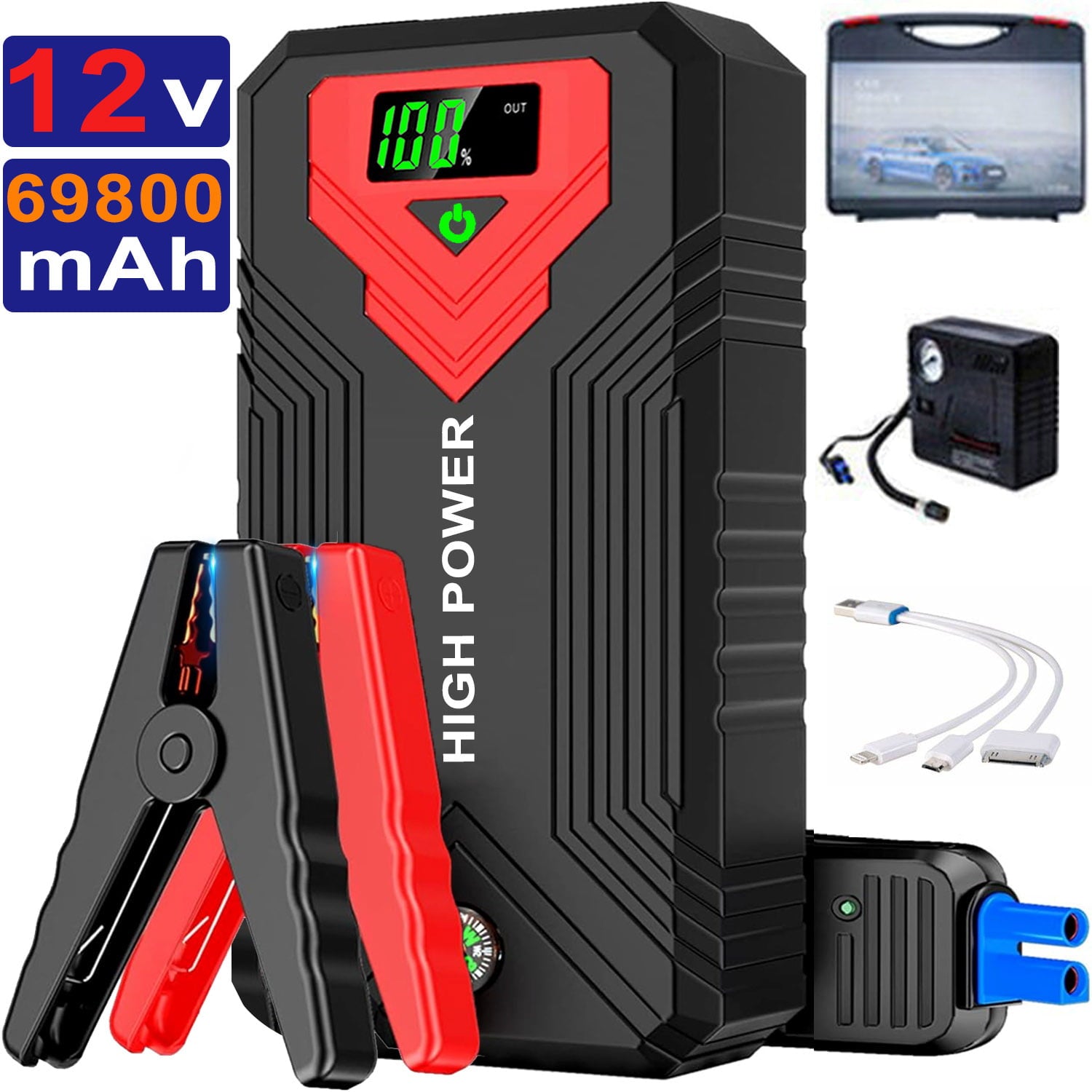 Jump Starter, 1600A UltraSafe Car Battery Jump Starter, 12V Jump Starter Battery Pack, Battery Booster with Built-in LED Light, Portable Charger & Jumper Cables for 6.0L Gasoline and 4.0LDiesel Engine