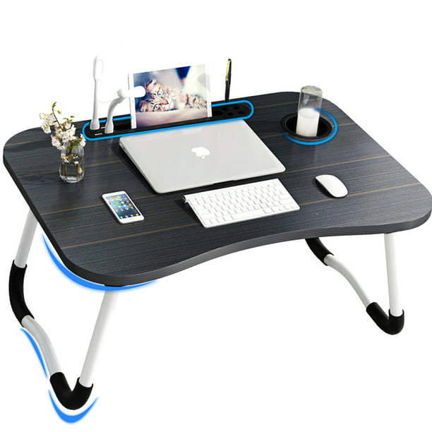 Laptop Desk，23.6" Portable Lap Table，Folding Breakfast Tray Lap Standing Desk with Storage Drawer & Holders for Cup and Notebook Stand & Reading Lights & Small Fans, for Working Reading Eating