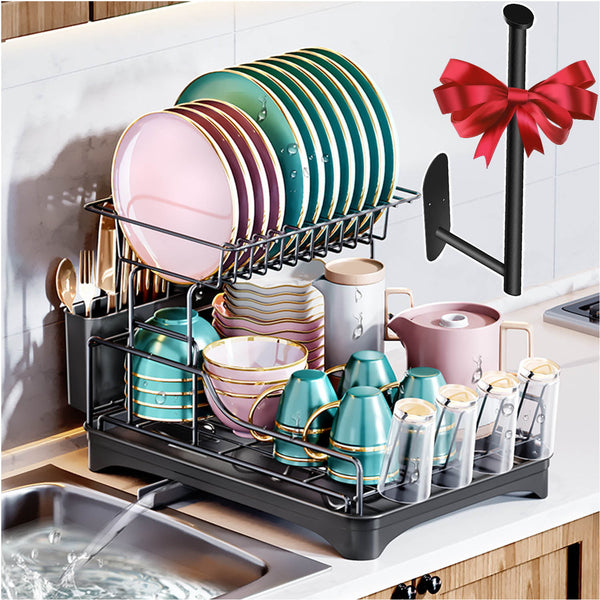 Large Dish Drying Rack,2 Tier Dish Racks with Drainage Utensil for Kitchen Counter Stainless Steel Adjustable Dish Draines with Cutlery Cups Holder and A Extra Toilet Paper Holder