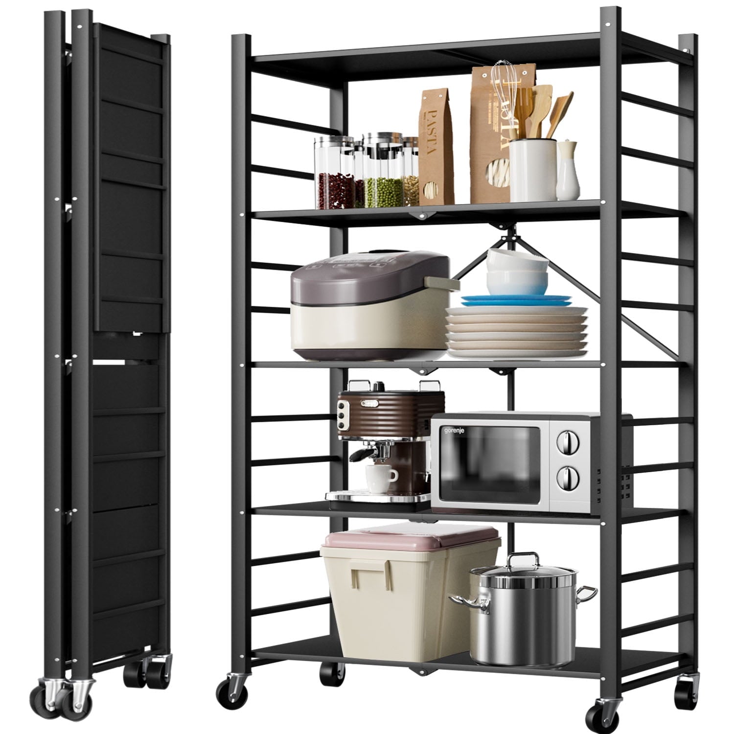 Musment 5-Tier Storage Shelf Rack, 397lbs Capacity Heavy Duty Metal Shelf , Foldable Storage Shelving Unit with Wheels, Garage Shelf, Metal Storage Rack, Kitchen Shelf , No Assemble Require