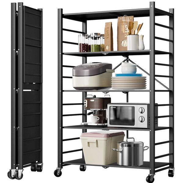 5-Tier Storage Shelf Rack, Heavy Duty Metal Shelf , Foldable Storage Shelving Unit with Wheels, Garage Shelf, Metal Storage Rack, Kitchen Shelf