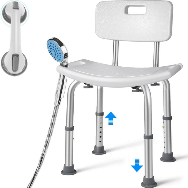 Musment Bath Shower Chair Shower Stool with Shower Grab Bar, Height Adjustable Bath Bench, Support 350 lbs for Seniors, Elderly, Disabled, White