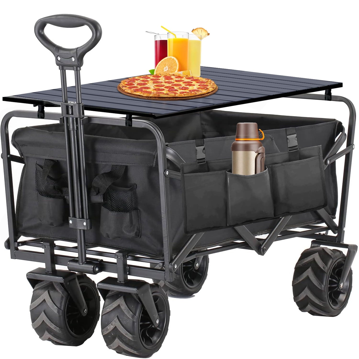 Collapsible Portable Wagon Cart with Aluminum Table Plate,350 LBS Capacity Folding Garden Wagon Cart with All-Terrain Wheels,Utility Cart with Brakes for Grocery,Shopping, Camping,Outdoor, Beach