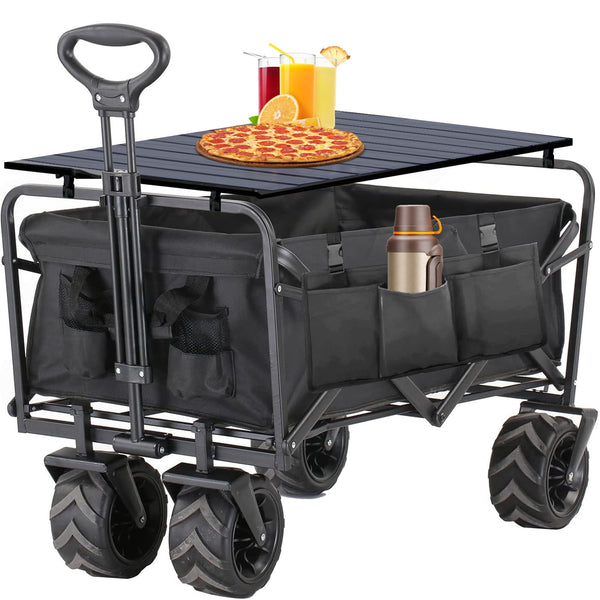 Collapsible Portable Wagon Cart with Aluminum Table Plate,350 LBS Capacity Folding Garden Wagon Cart with All-Terrain Wheels,Utility Cart with Brakes for Grocery,Shopping, Camping,Outdoor, Beach