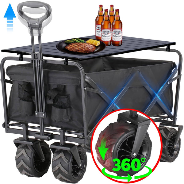 Heavy Duty Collapsible Foldable Wagon Cart with Aluminum Table Plate, 350lbs Capacity Folding Wagon with All-Terrain Wheels, Portable Utility Cart for Grocery, Garden, Shopping,Camping,Outdoor, Beach