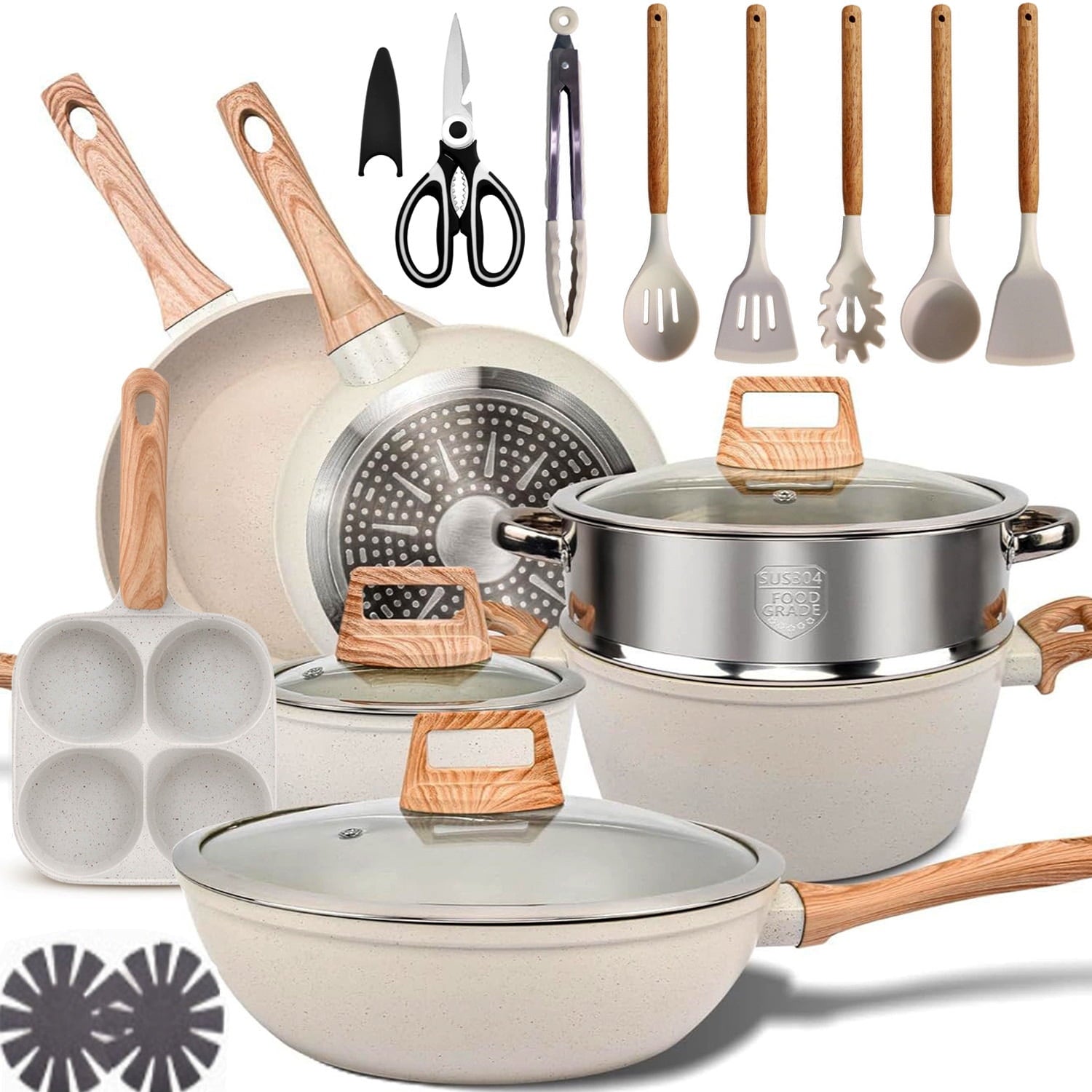 Nonstick Pots and Pans Set, 19-Piece Induction Kitchen Cookware Sets (Beige Granite)