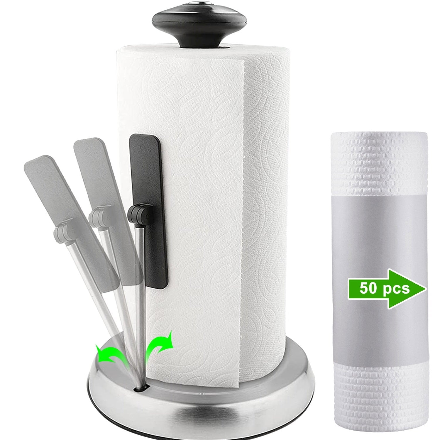 Stainless Steel Kitchen Paper Towel Holder for One Hand Tear with Weighted Base Suction Cups