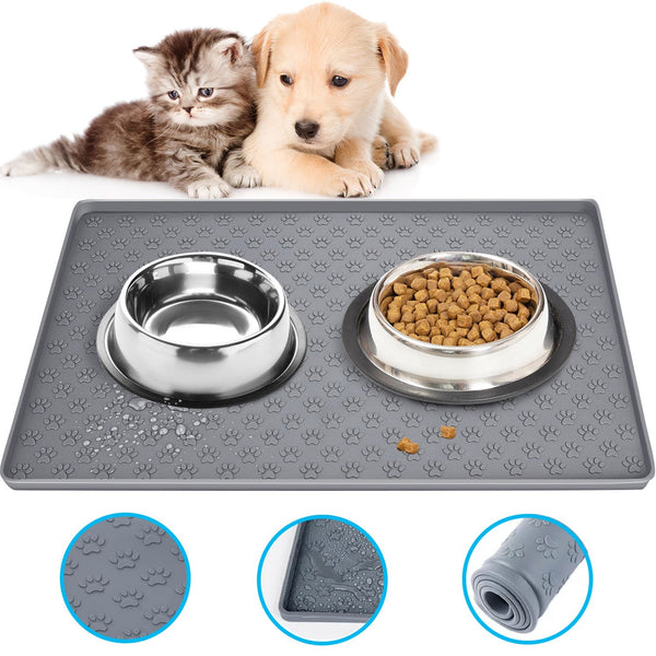 Pet Placemat, 18.9" X 11.8" Pet Feeding Mat Tray,Dog & Cat Feeding Mats for Prevent Food and Water Overflow,with Raised Edges Silicone Mat,Grey