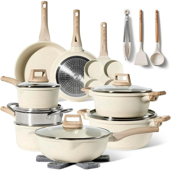 Pots and Pans, 19 Pcs Nonstick Kitchen Cookware Sets, Induction Cookware (Beige Granite)