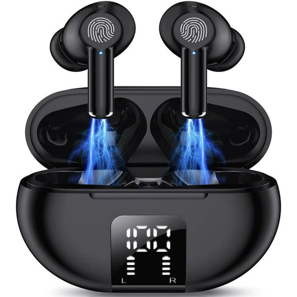 Wireless Earbuds Bluetooth Headphones 60H Playtime Ear Buds with LED Power Display Charging Case Earphones in-Ear Earbud with Microphone for Android Cell Phone Gaming Computer Laptop Sport Black