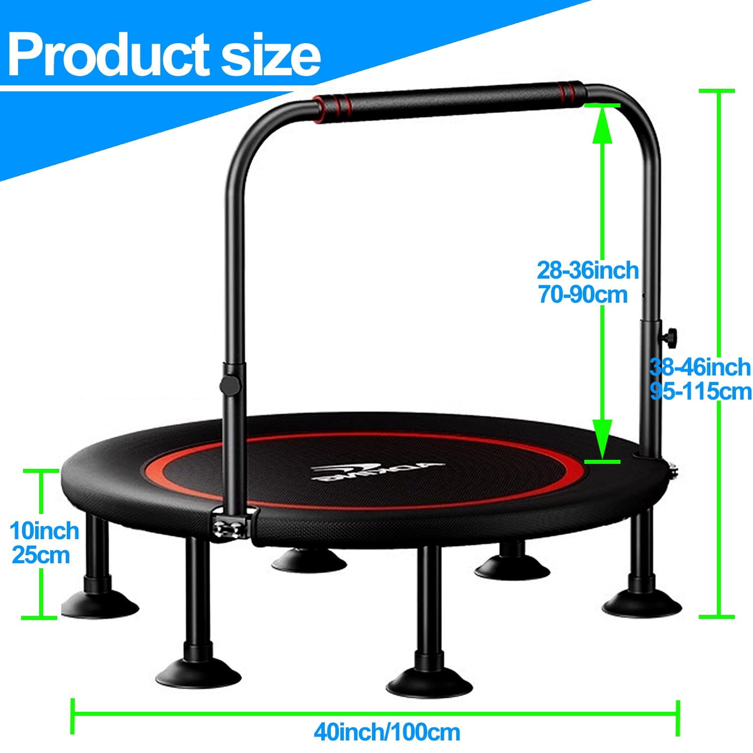 40" Folding Fitness Trampoline, Exercise Rebounder Mini Trampoline for Adults, Adjustable Handle Max Load 450lbs