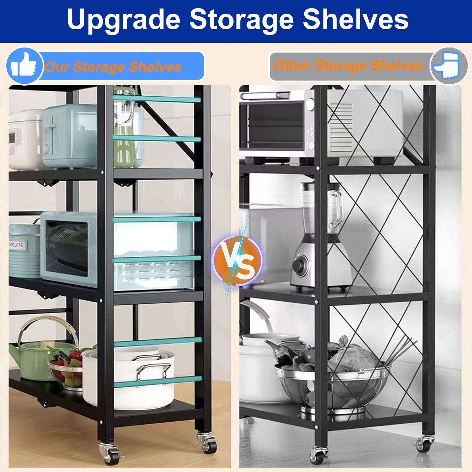 GAZILY 4-Tier Foldable Storage Shelving Unit, Heavy Duty Metal Storage Shelves with Lockable Wheels, Garage Shelf, Storage Rack with 4 Hooks for Garage,Kitchen,Closet Storage- No Assemble Require