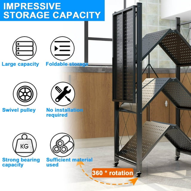 GAZILY 6 Tier Storage Shelves Foldable Metal Shelving Units Storage Racks with Lockable Wheels, Black