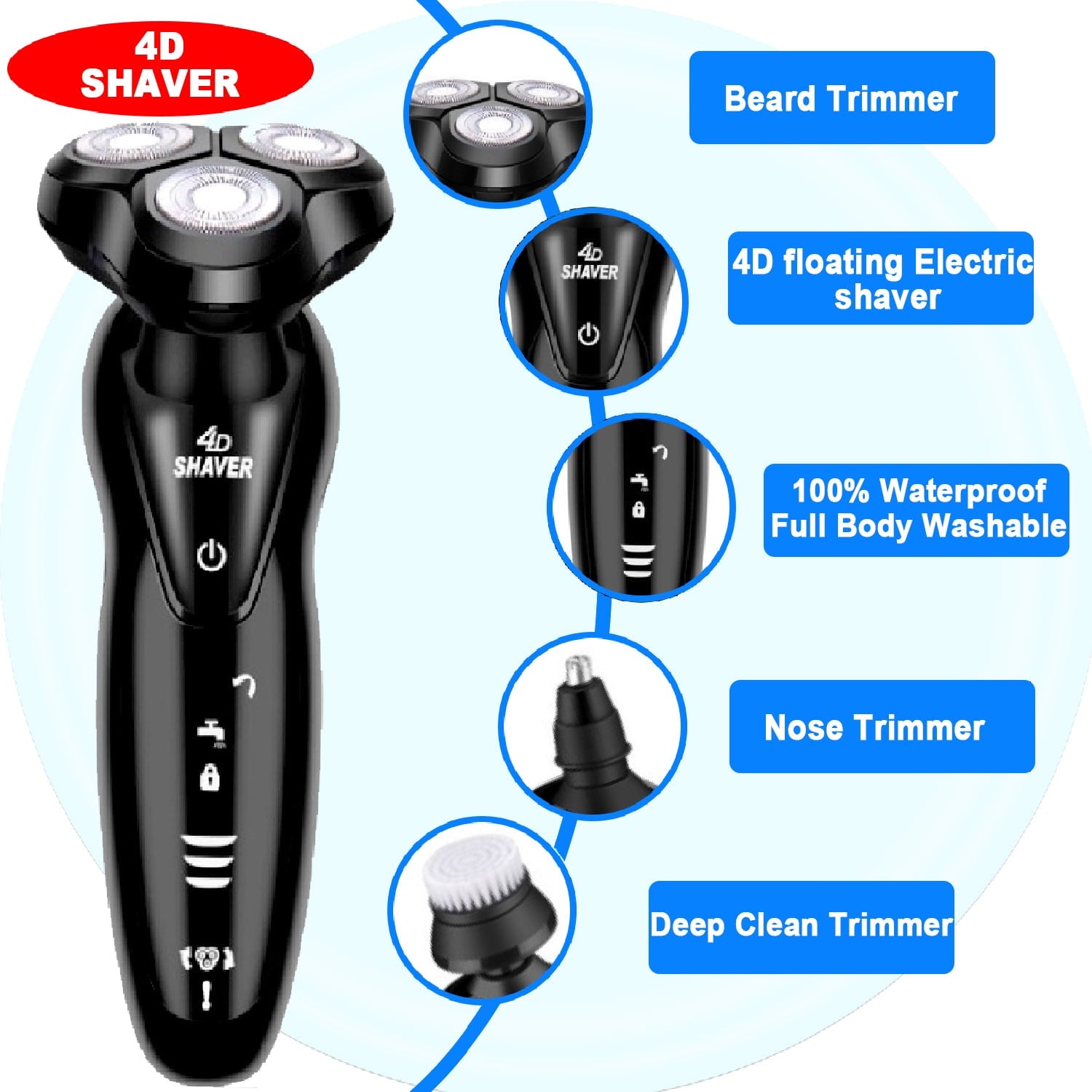 4D Men's Shaver 9001,Shaver and Trimmer for Beard,Face,Nose and Sideburns,Black