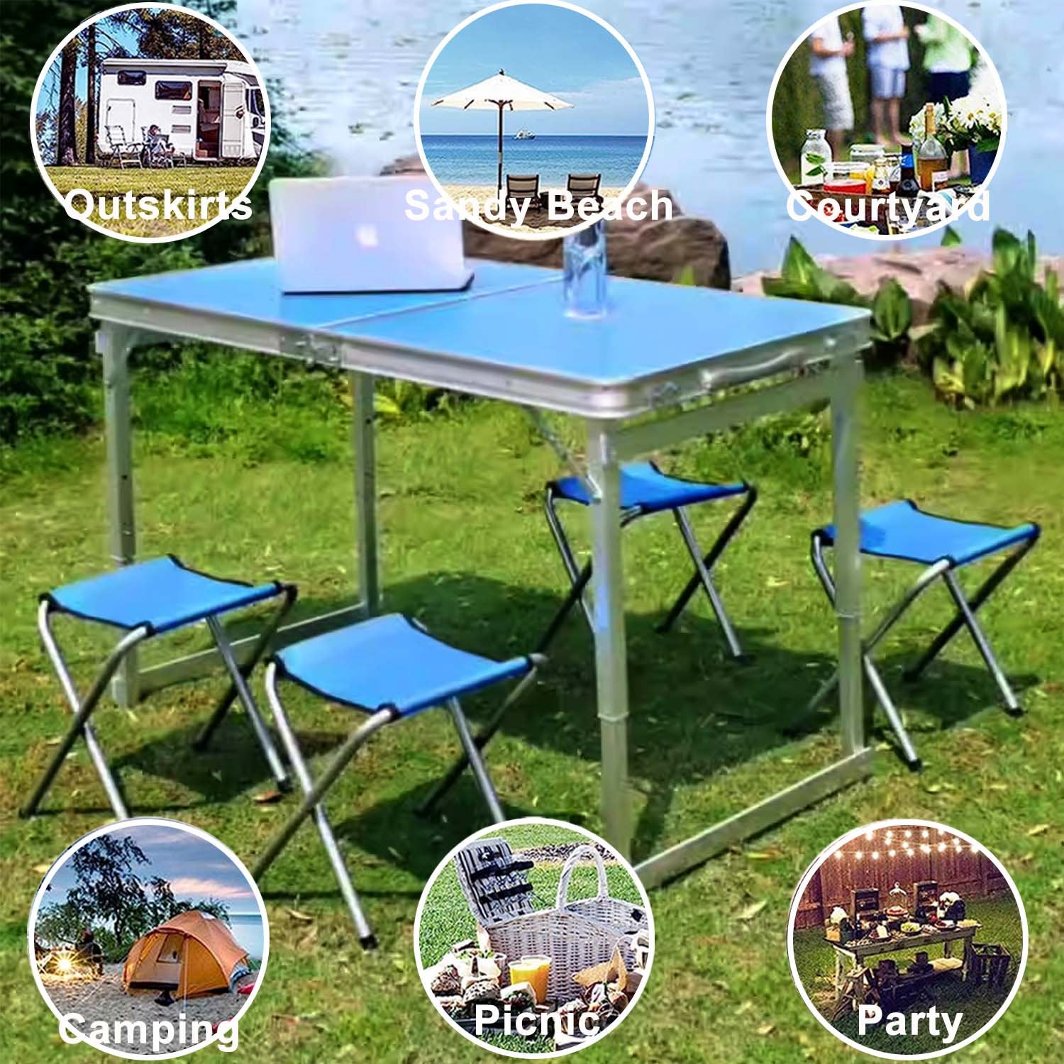 Camping Folding Table, Adjustable Height Folding Table, Heavy Duty Durable Folding Table, Fold in Half with Carrying Handle, Lightweight and Portable, Card Table with 4 Chairs