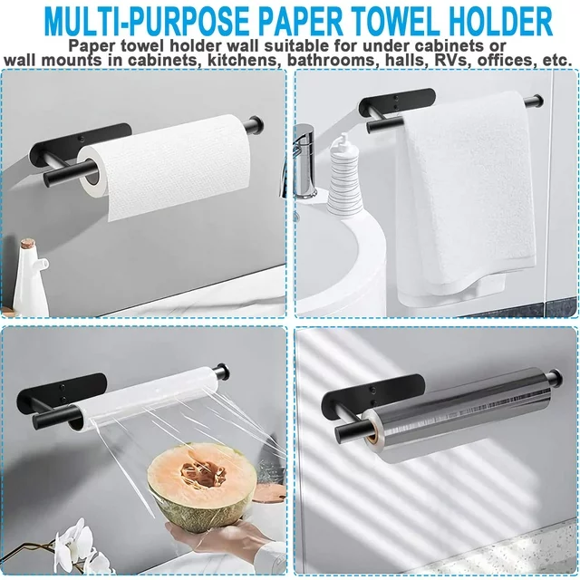 Paper Towel Holder with 2 Pack Adhesive Hooks, Under Cabinet Paper Towel Holder, Stainless Steel Paper Towel Holder Wall Mount