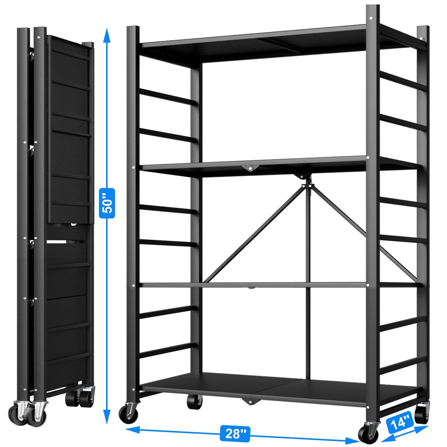 GAZILY 4-Tier Foldable Storage Shelving Unit, Heavy Duty Metal Storage Shelves with Lockable Wheels, Garage Shelf, Storage Rack with 4 Hooks for Garage,Kitchen,Closet Storage- No Assemble Require