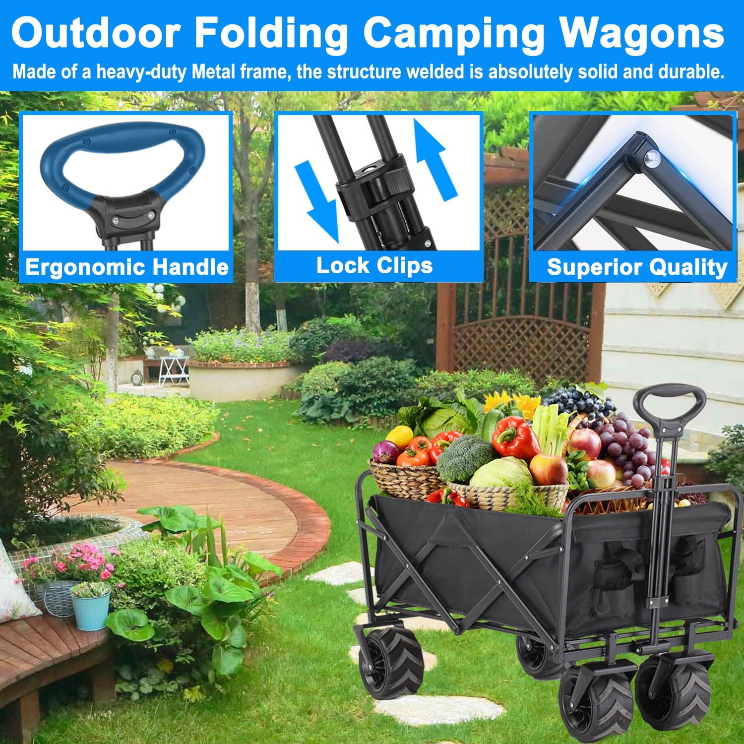 Collapsible Portable Wagon Cart with Aluminum Table Plate,350 LBS Capacity Folding Garden Wagon Cart with All-Terrain Wheels,Utility Cart with Brakes for Grocery,Shopping, Camping,Outdoor, Beach