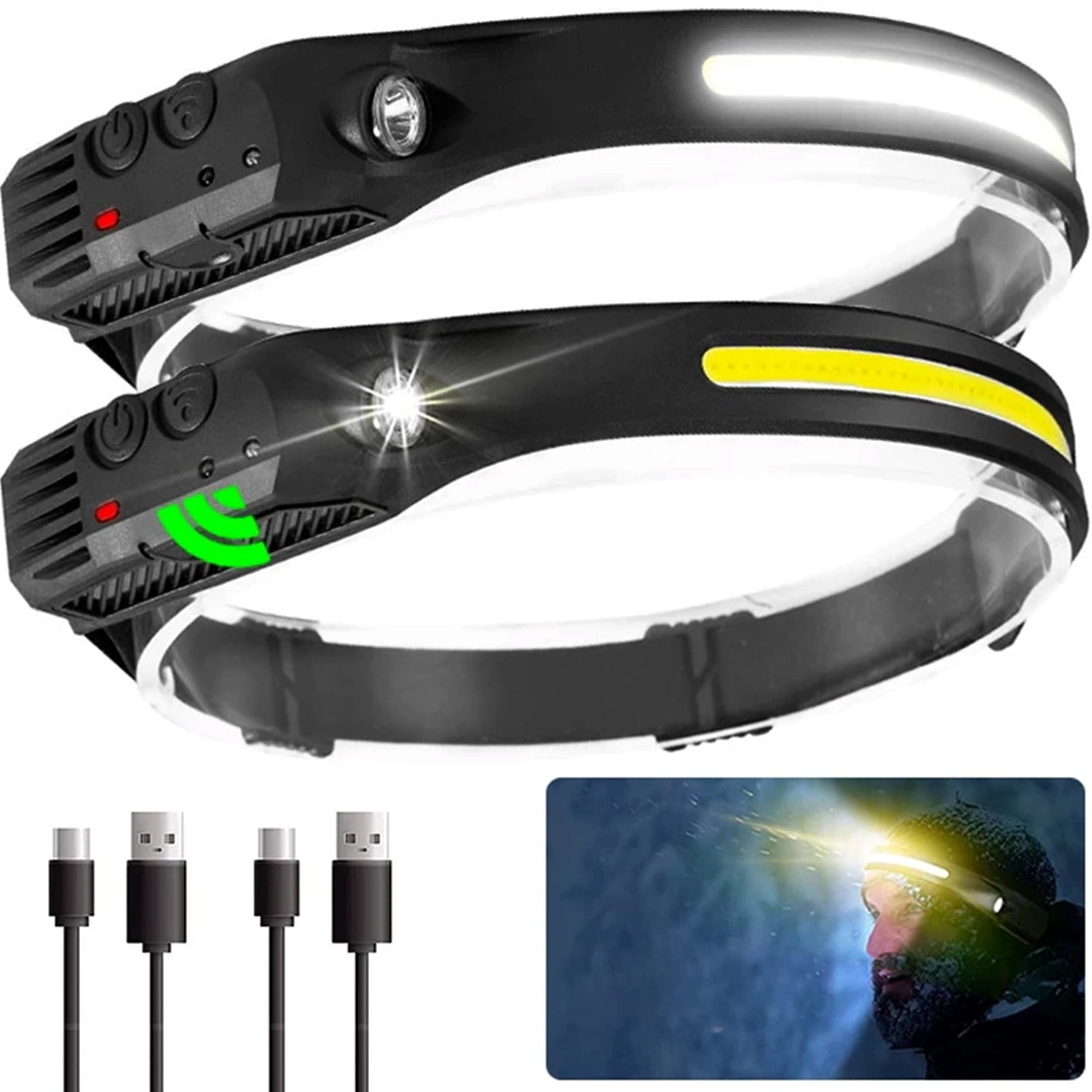 LED Headlamp, 2 Pack Rechargeable Flashlight, 230° Wide Beam Headlight with Motion SensorHeadlight, Lightweight, Weatherproof, Adjustable Head Lamp for Running, Camping, Hiking