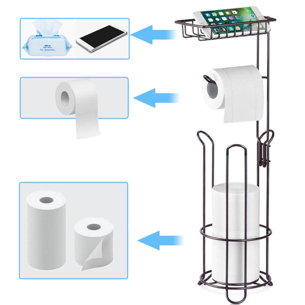 Toilet Paper Holder Stand and Dispenser with Storage Shelf, Bathroom Freestanding Toilet Tissue Paper Roll Storage with Cell Phone Shelf, Steel Metal Toilet Tissue for Bathrooms, Washroom