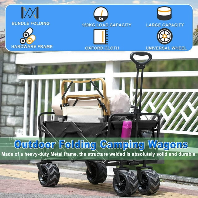 Heavy Duty Folding Wagon Garden Cart with Aluminum Table Plate, Outdoor Camping Wagons, Grocery Portable Utility Cart, Adjustable Rolling Carts, All Terrain Sports Wagon with Big Wheels