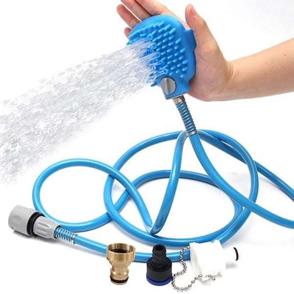 Pet Soaker | Animal Washing Brush with Sprayer and Scrubber | Works for Indoor/Outdoor | Pet Grooming for Any Length Hair - Dog Showering Brush, Blue