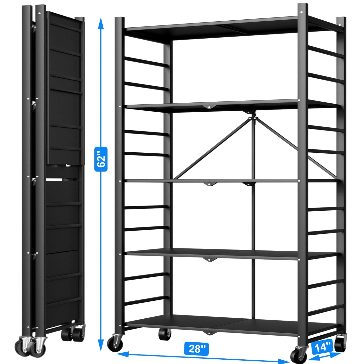 5-Tier Storage Shelving Unit, Foldable Storage Shelves Wire Shelving Unit Adjsutable Shelf Heavy Metal Shelf, 397lbs Capacity Free Standing Racks Organization