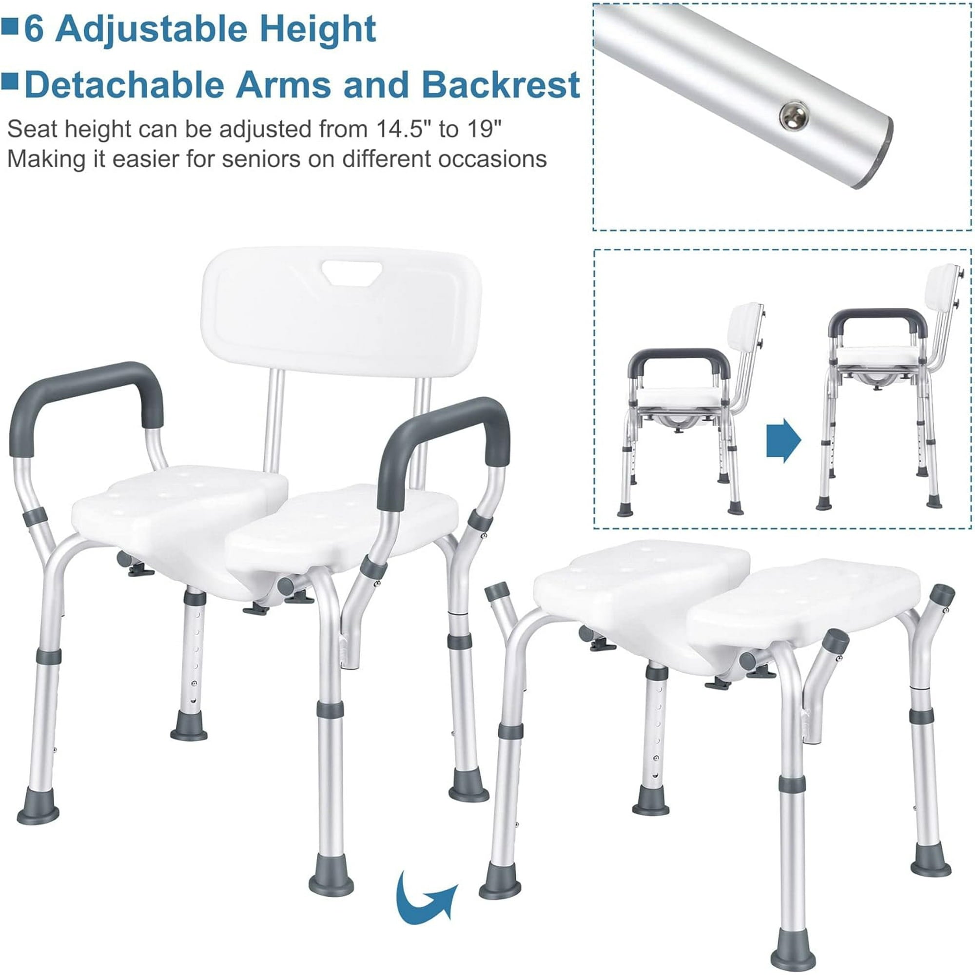 Shower Chair with Removable Backrest and Padded, 8 Adjustable Height, Support up to 300Lbs