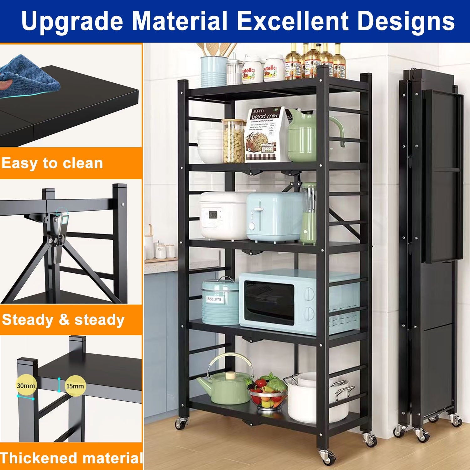 GAZILY 4-Tier Foldable Storage Shelf, Heavy Duty Metal Shelf, Kitchen Shelf, Garage Shelf with Lockable Wheels &3 Hooks- No Assemble Require