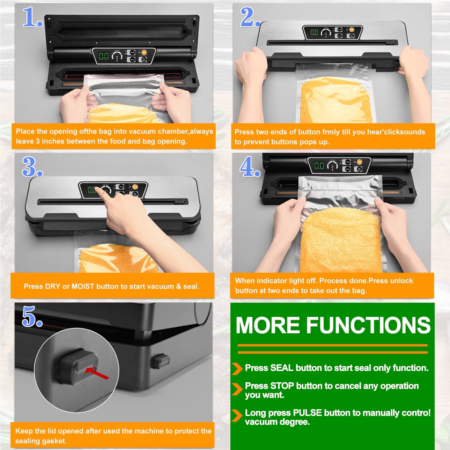 Food Vacuum Sealer Machine with 2 Rolls Food Vacuum Sealer Bags, Food Storage Saver Dry & Moist Food Modes, Led Indicator Lights, Easy to Clean