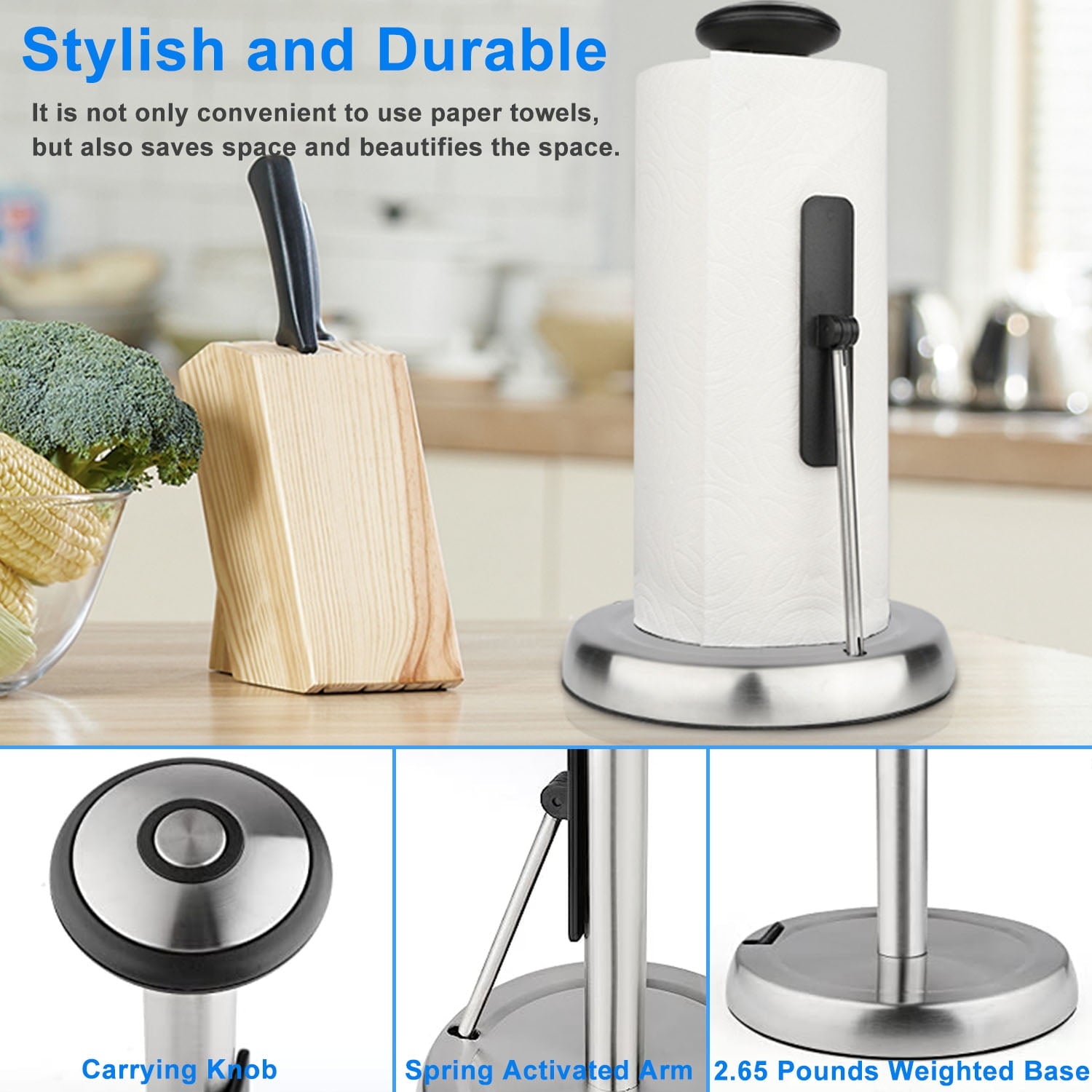 Stainless Steel Kitchen Paper Towel Holder for One Hand Tear with Weighted Base Suction Cups