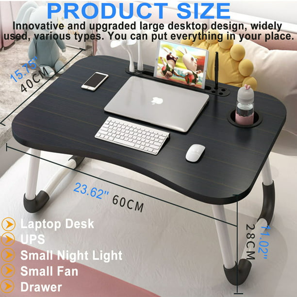 Laptop Desk，23.6" Portable Lap Table，Folding Breakfast Tray Lap Standing Desk with Storage Drawer & Holders for Cup and Notebook Stand & Reading Lights & Small Fans, for Working Reading Eating