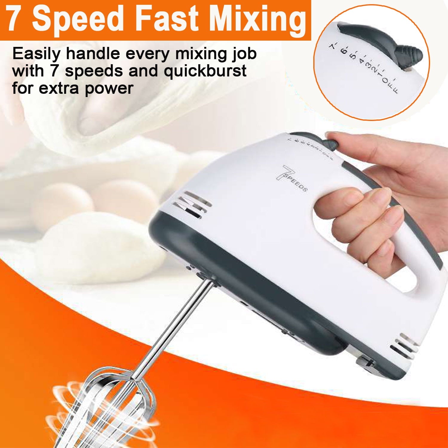 7 Speed Electric Hand Mixer for Kitchen, Blender Quick Burst with 6 Stainless Steel Accessories, 6 Measuring Spoons, 1 Egg Separator for Easy Whipping Dough,Cream,Baking Cake Egg Cream Food Beater