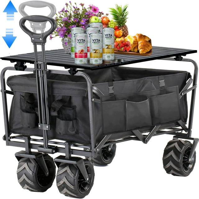 Heavy Duty Folding Wagon Garden Cart with Aluminum Table Plate, Outdoor Camping Wagons, Grocery Portable Utility Cart, Adjustable Rolling Carts, All Terrain Sports Wagon with Big Wheels