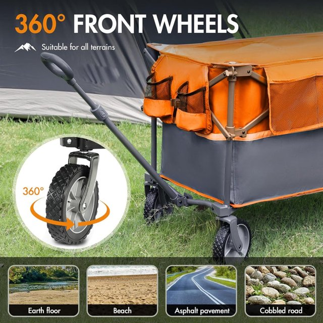 Large Collapsible Folding Wagon, 440 lbs Heavy Duty Big Bucket Utility Garden Cart with Oversized Tank Wheels for Sports, Shopping, Camping