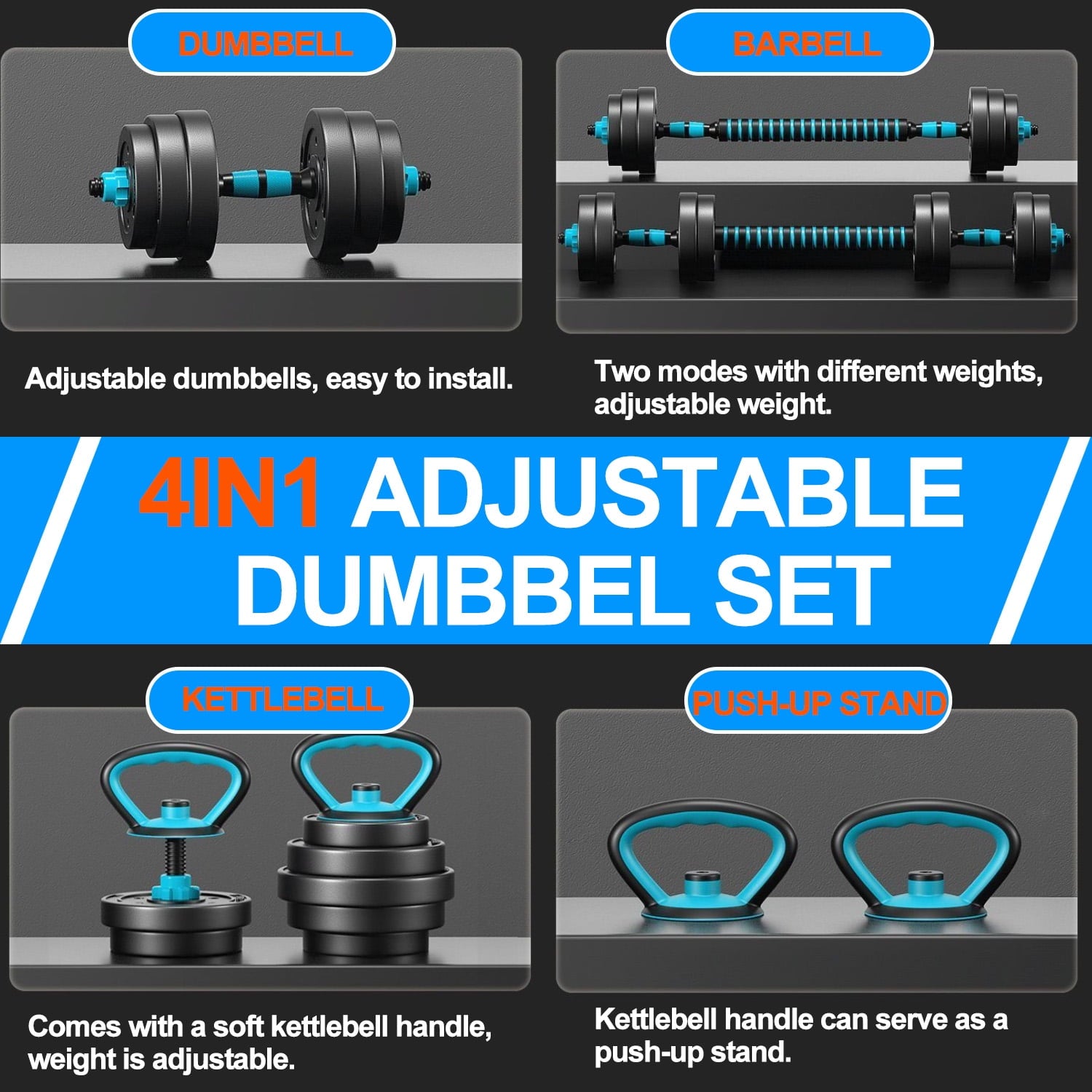 Adjustable Dumbbells, 45lbs Free Weight Set with Connector, 4-in-1 Dumbbells Set as Barbell, Kettlebells, Push up Stand, Fitness Exercises, SmartBell Gym