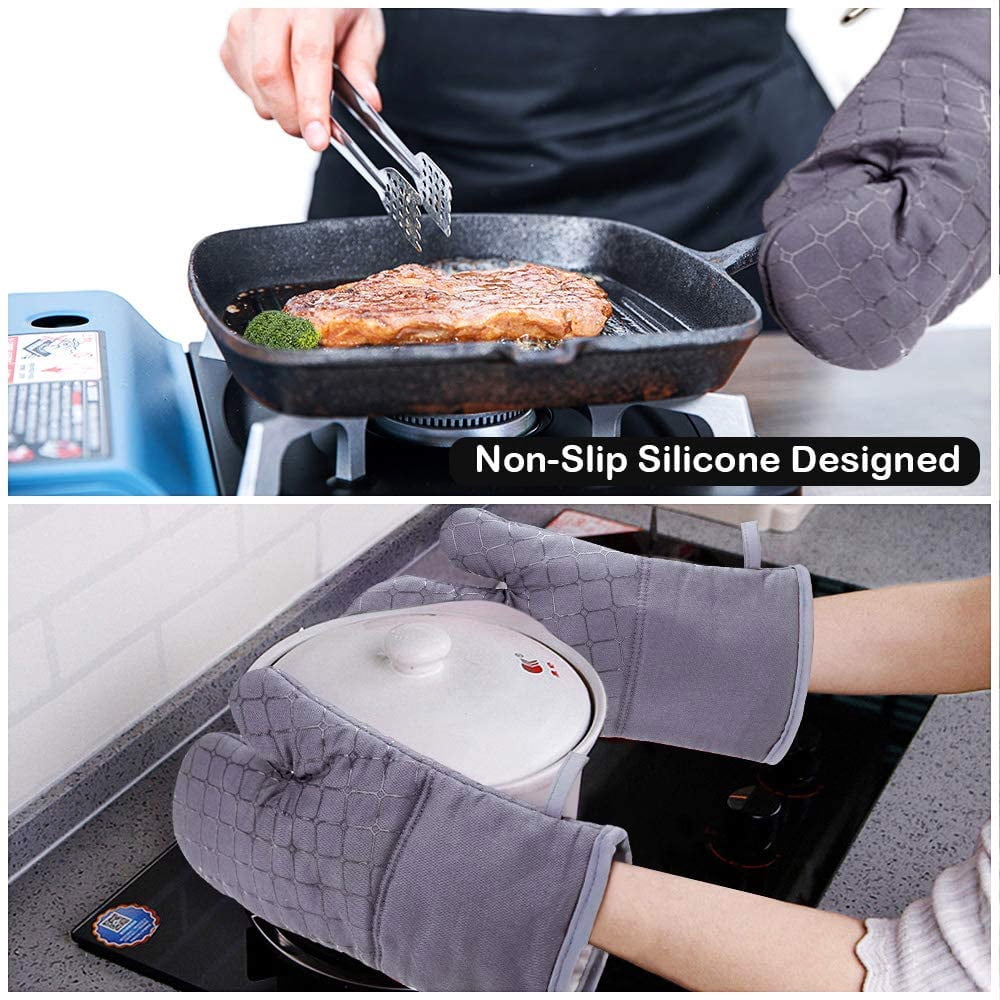 Oven Mitts and Pot Holders, 500℉ Heat Resistant Oven Mitt ,Oven Gloves with Kitchen Towels Soft Cotton Lining, Non-Slip Surface Cooking Gloves