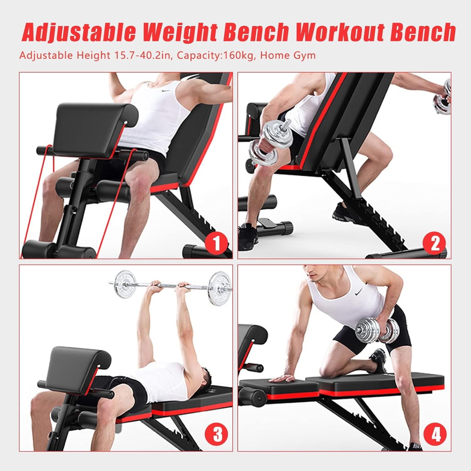 Foldable Weight Bench for Full Body Workout Bench Press, 780LBS 7-Positions Adjustable Incline Decline Bench Includes Resistance Bands.