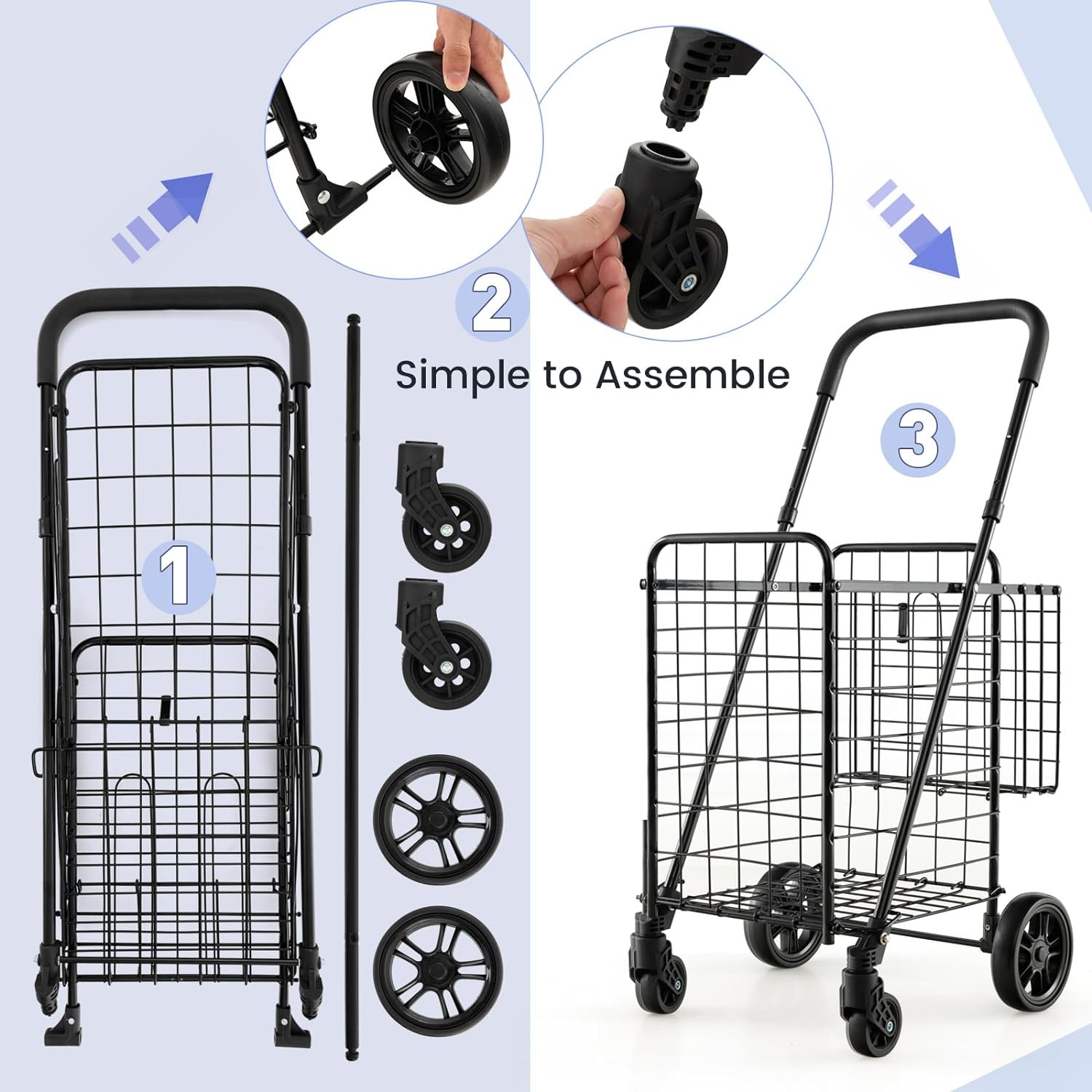 Folding Shopping Cart Jumbo Basket Rolling Utility Trolley Adjustable Handle New