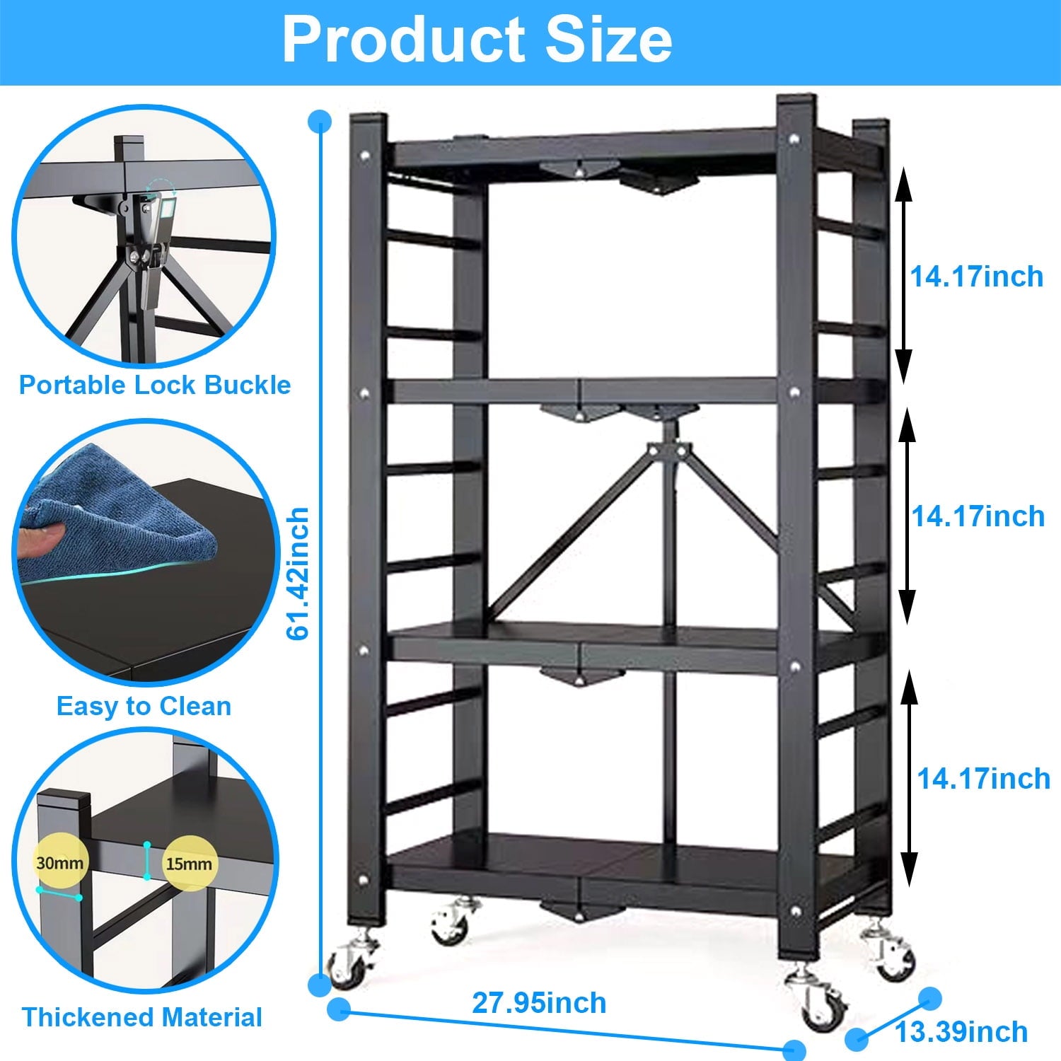 GAZILY 4-Tier Storage Shelf Rack, 250lbs Capacity Heavy Duty Metal Shelf , Foldable Storage Shelving Unit with Wheels, Garage Shelf, Metal Storage Rack, Kitchen Shelf , No Assemble Require