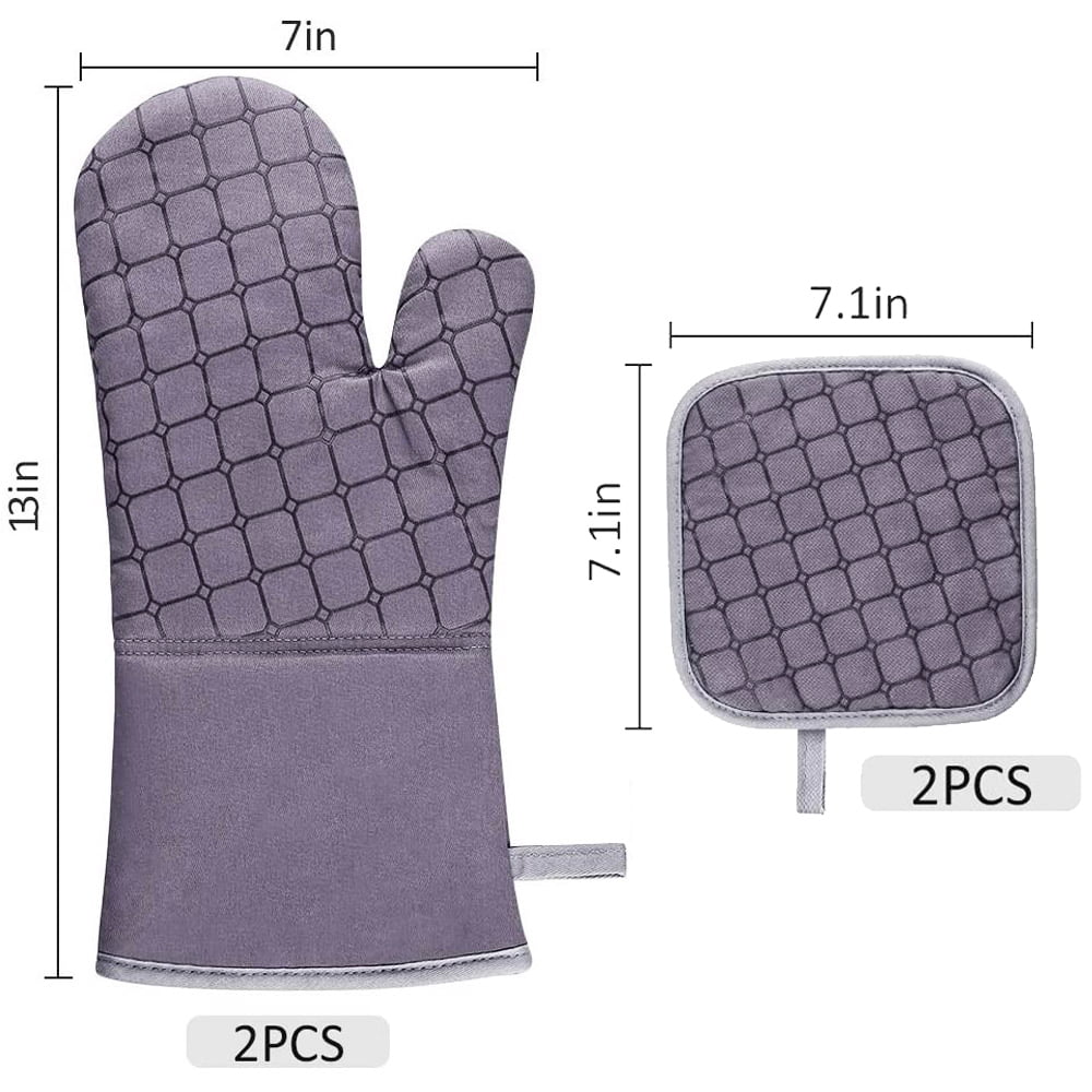 Oven Mitts and Pot Holders, 500℉ Heat Resistant Oven Mitt ,Oven Gloves with Kitchen Towels Soft Cotton Lining, Non-Slip Surface Cooking Gloves