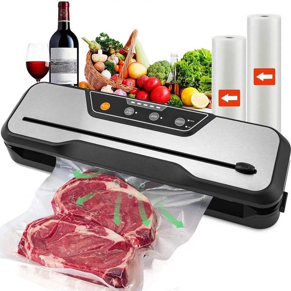 Food Vacuum Sealer Machine with 2 Rolls Food Vacuum Sealer Bags ，Food Storage Saver Dry & Moist Food Modes, Led Indicator Lights, Easy to Clean