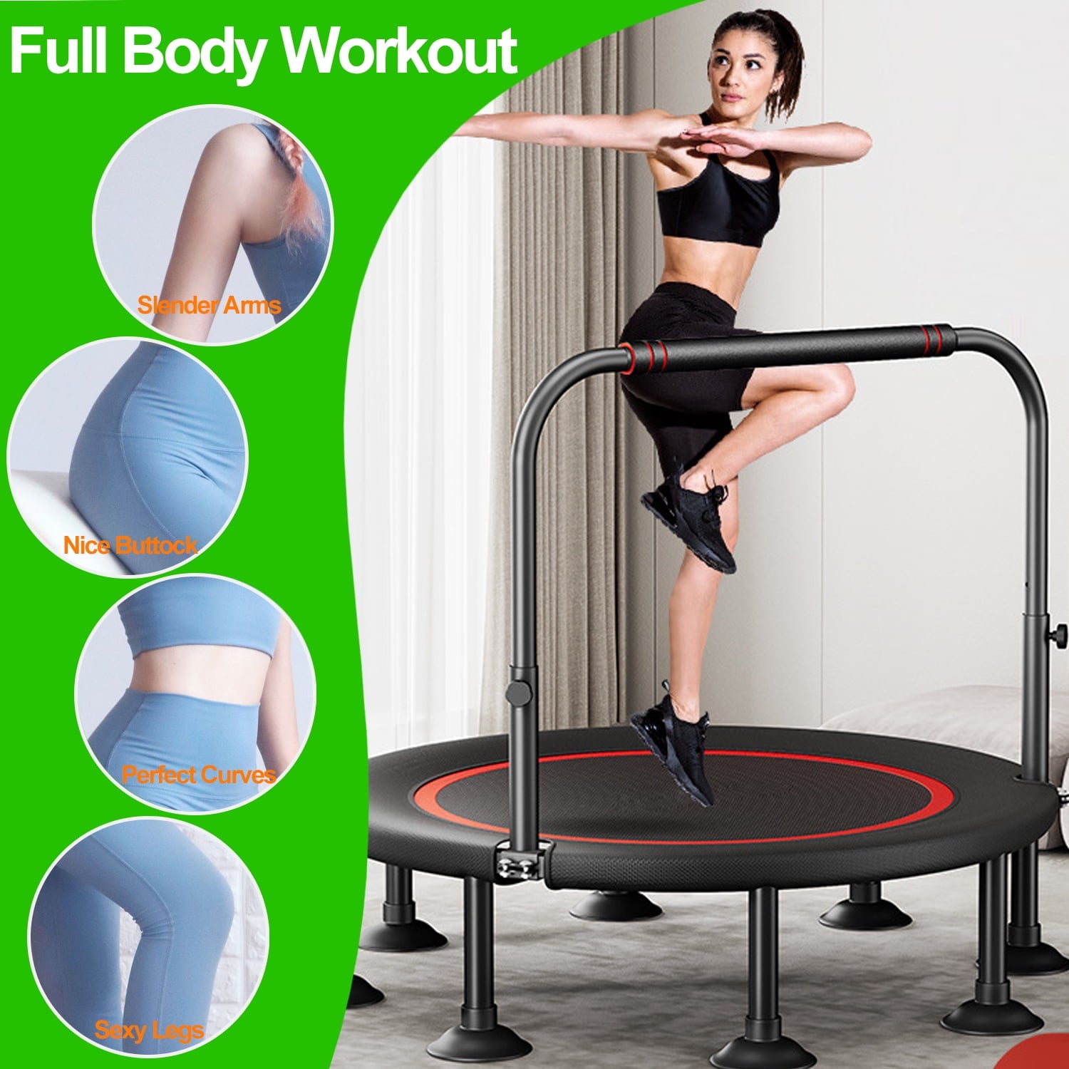 40" Foldable Mini Fitness Trampoline, Fitness Rebounder with Adjustable Foam Handle, Exercise Trampoline for Adults/kids, Max Load 450lbs