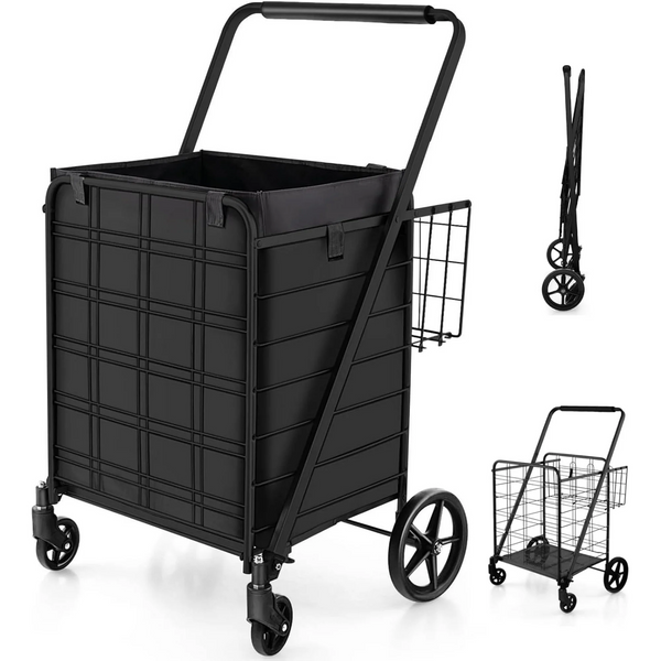 Folding Shopping Cart, 350 LBS Grocery Cart on Wheels, Heavy-Duty Utility Cart with Adjustable Handle Height for Groceries, Black