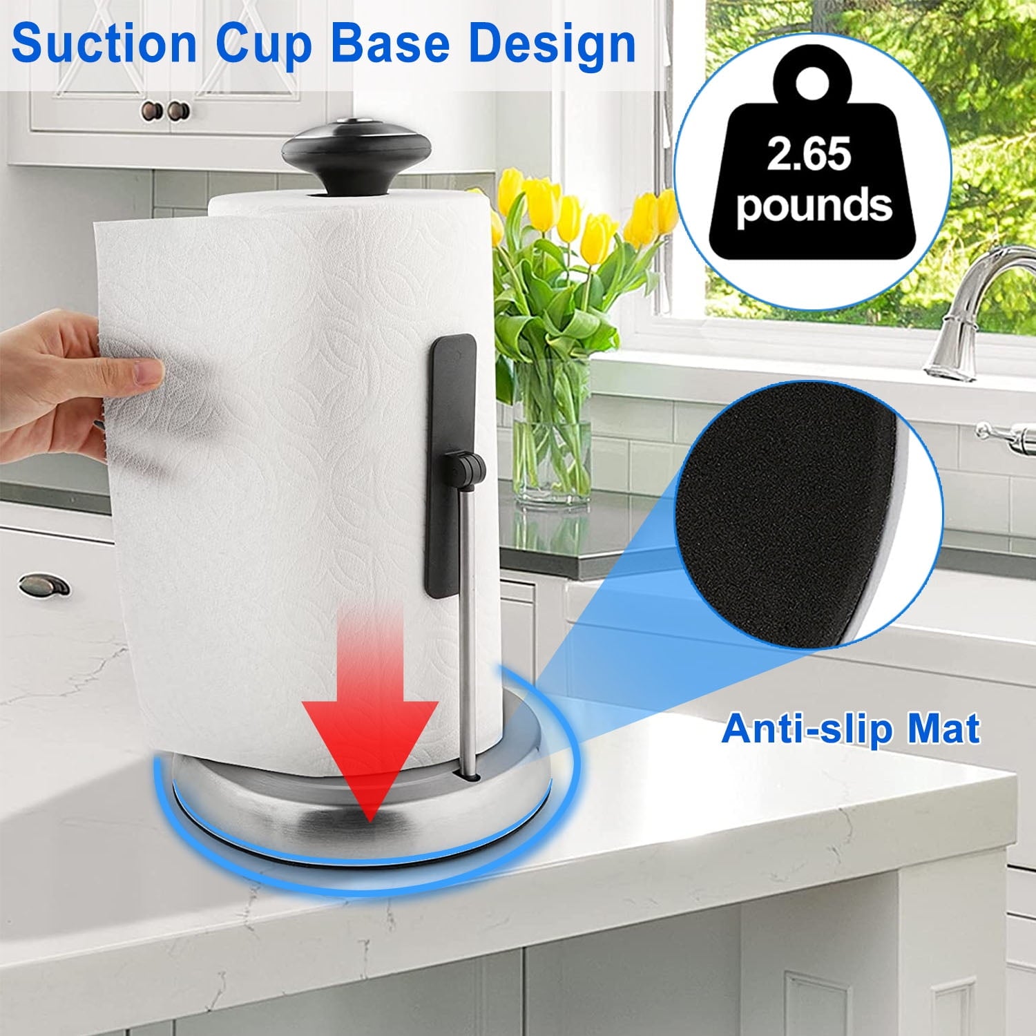 Stainless Steel Kitchen Paper Towel Holder for One Hand Tear with Weighted Base Suction Cups