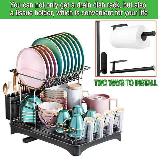 Large Dish Drying Rack,2 Tier Dish Racks with Drainage Utensil for Kitchen Counter Stainless Steel Adjustable Dish Draines with Cutlery Cups Holder and A Extra Toilet Paper Holder