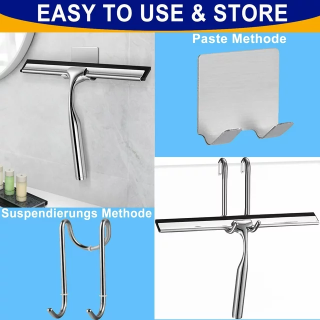 Shower Squeegee for Shower Doors, Bathroom, Window and Car Glass, Stainless Steel, Non-Slip Handle, Long Blade, with Door Hook and Adhesive Hook