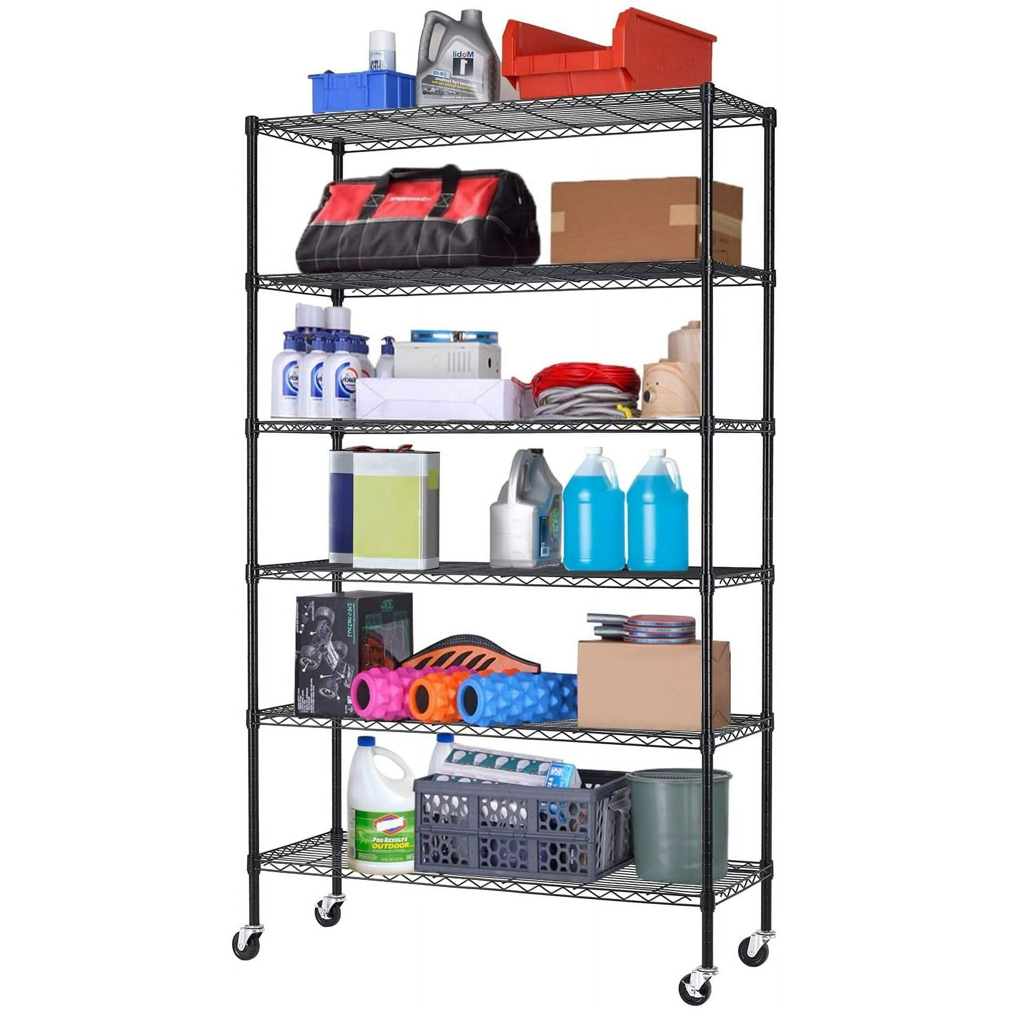 Storage Shelves , 4-Shelf on Casters Commercial Wire Shelving Unit Adjustable Layer Metal Rack Strong Steel for Restaurant Garage Pantry Kitchen,Black