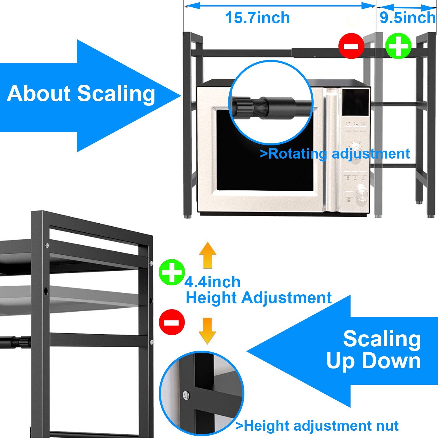 Adjustable Microwave Stand,Microwave Oven Rack Shelf Heavy Duty 2-Tier Shelf with Hooks for Kitchen Shelves Counter Top Organizer